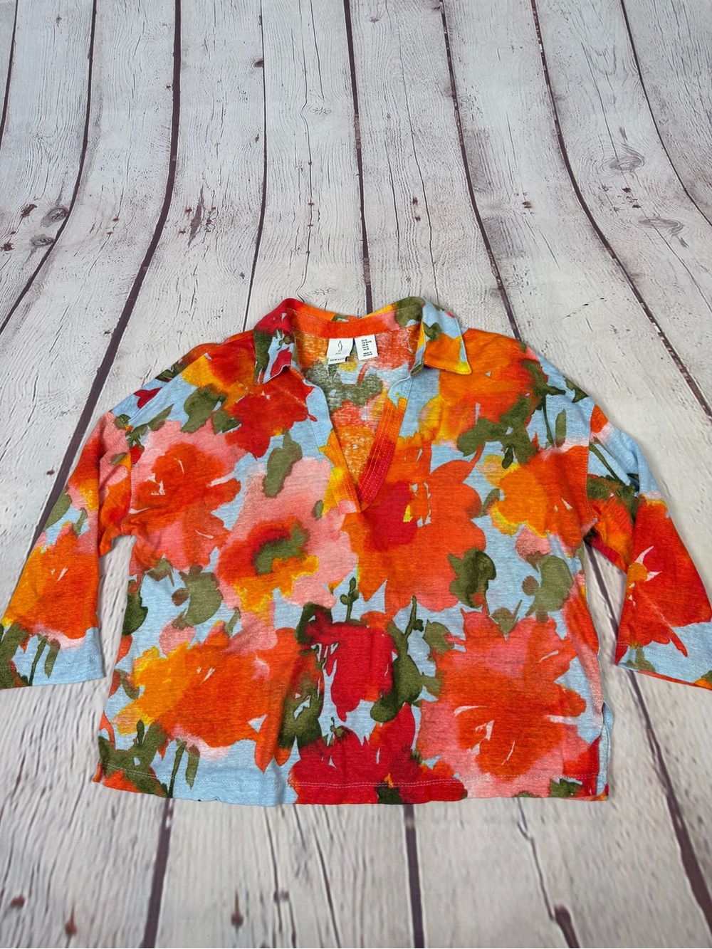 JOIE 100% linen multicolor floral v-neck collared lightweight top, size XL - Picture 4 of 13